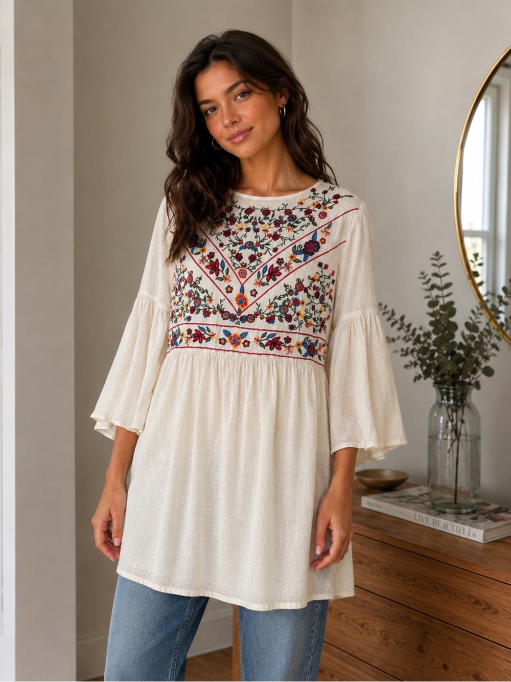 Altar'd State Cream Floral Embroidered‎ Peasant Long Line Blouse Top Bell Sleeve